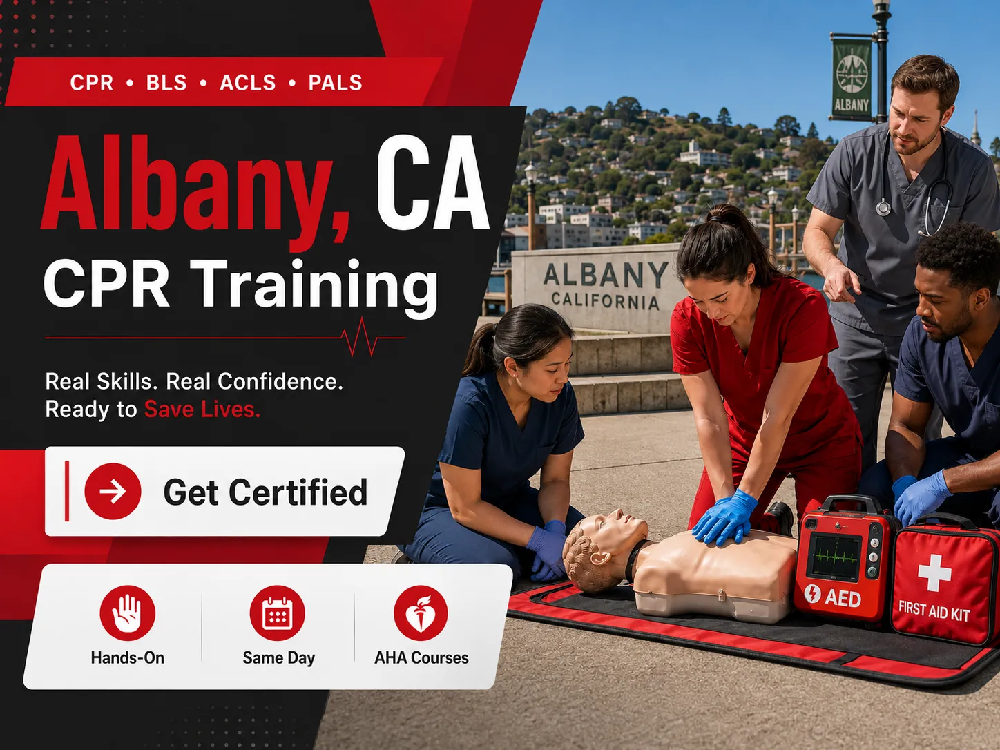 Hands-on CPR rescue breathing practice in Albany, CA class